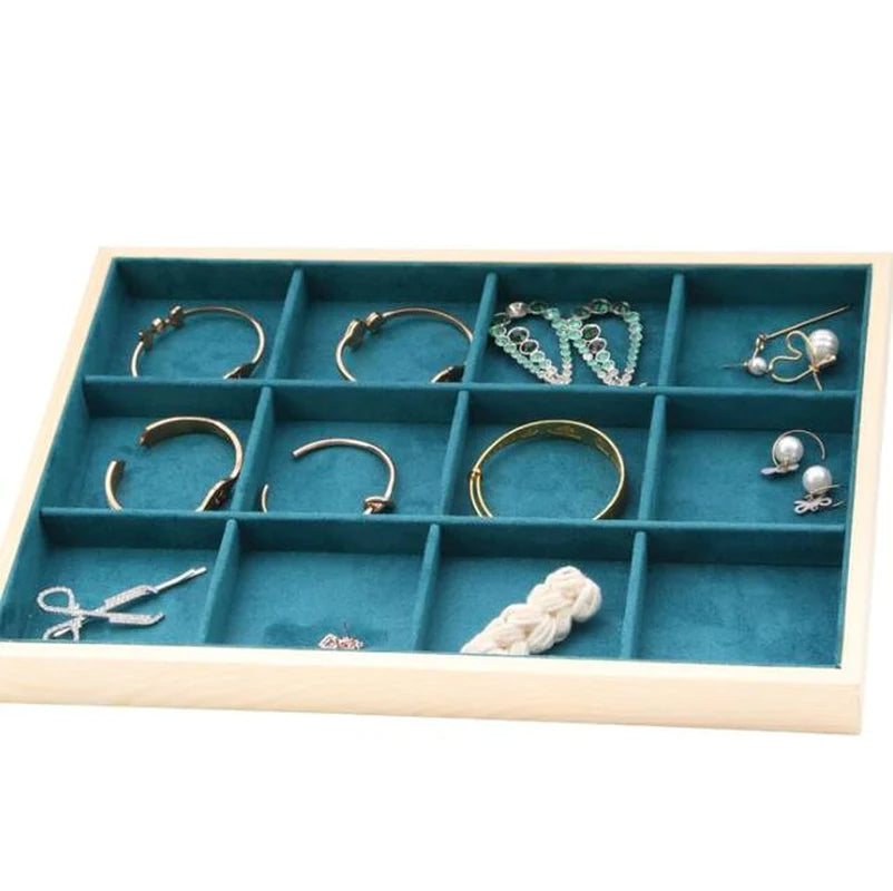 Wooden Velvet Jewelry Box - Green/Beige - Gift Box for Rings, Earrings, Bracelets