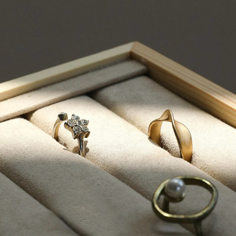 Wooden Velvet Jewelry Box - Green/Beige - Gift Box for Rings, Earrings, Bracelets