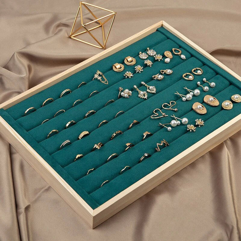 Wooden Velvet Jewelry Box - Green/Beige - Gift Box for Rings, Earrings, Bracelets