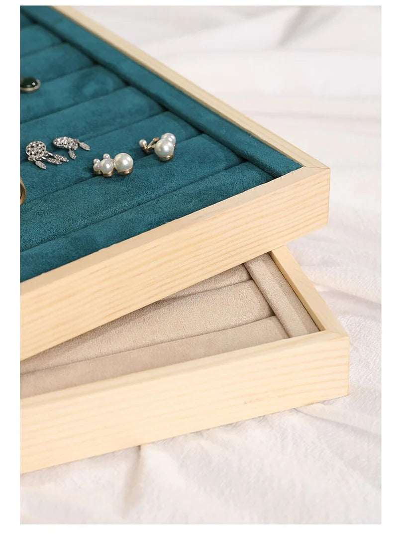 Wooden Velvet Jewelry Box - Green/Beige - Gift Box for Rings, Earrings, Bracelets