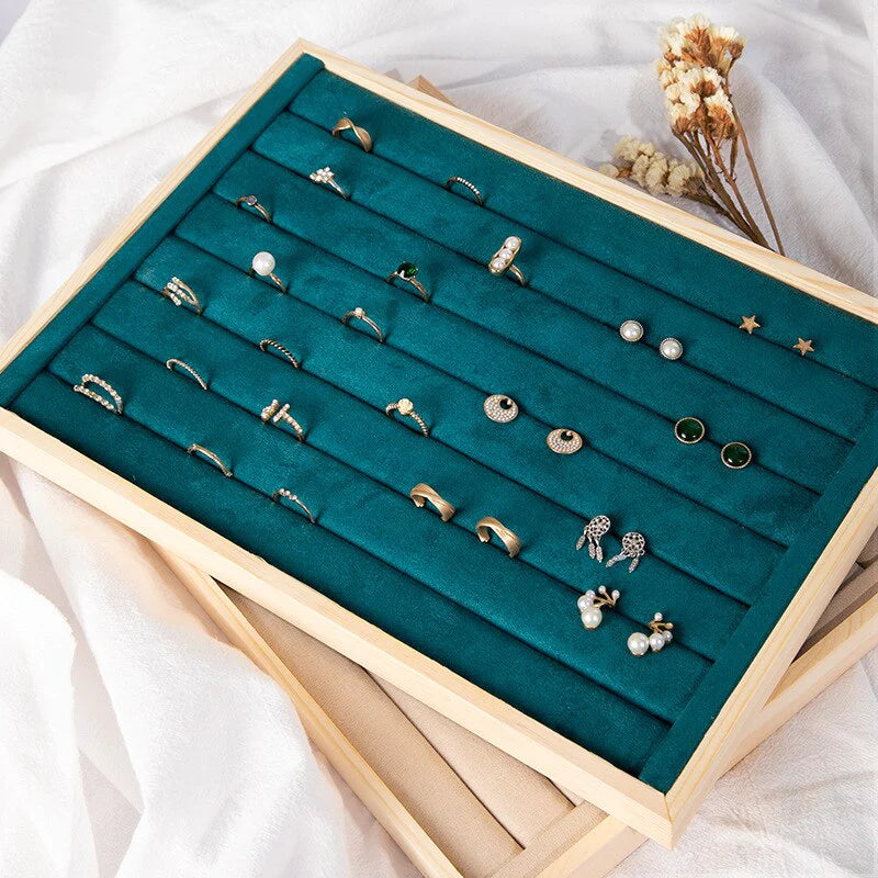 Wooden Velvet Jewelry Box - Green/Beige - Gift Box for Rings, Earrings, Bracelets