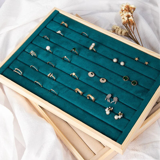 Wooden Velvet Jewelry Box - Green/Beige - Gift Box for Rings, Earrings, Bracelets
