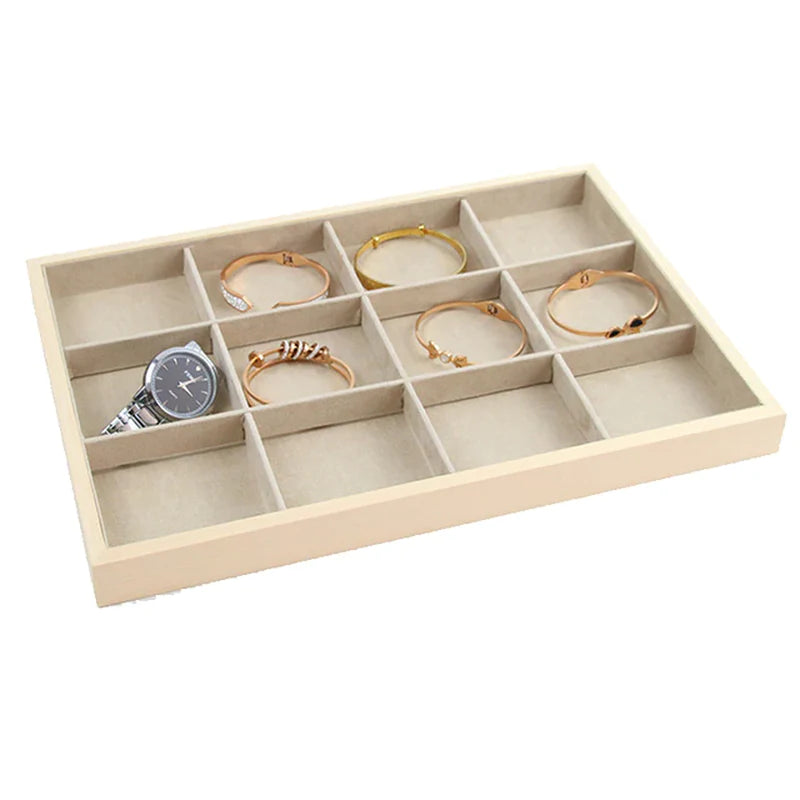 Wooden Velvet Jewelry Box - Green/Beige - Gift Box for Rings, Earrings, Bracelets