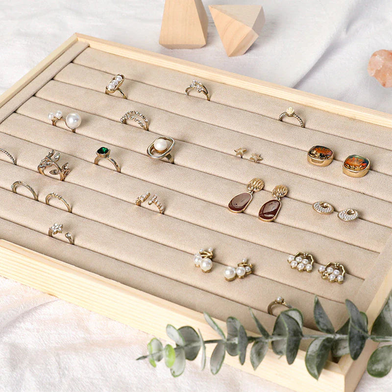 Wooden Velvet Jewelry Box - Green/Beige - Gift Box for Rings, Earrings, Bracelets