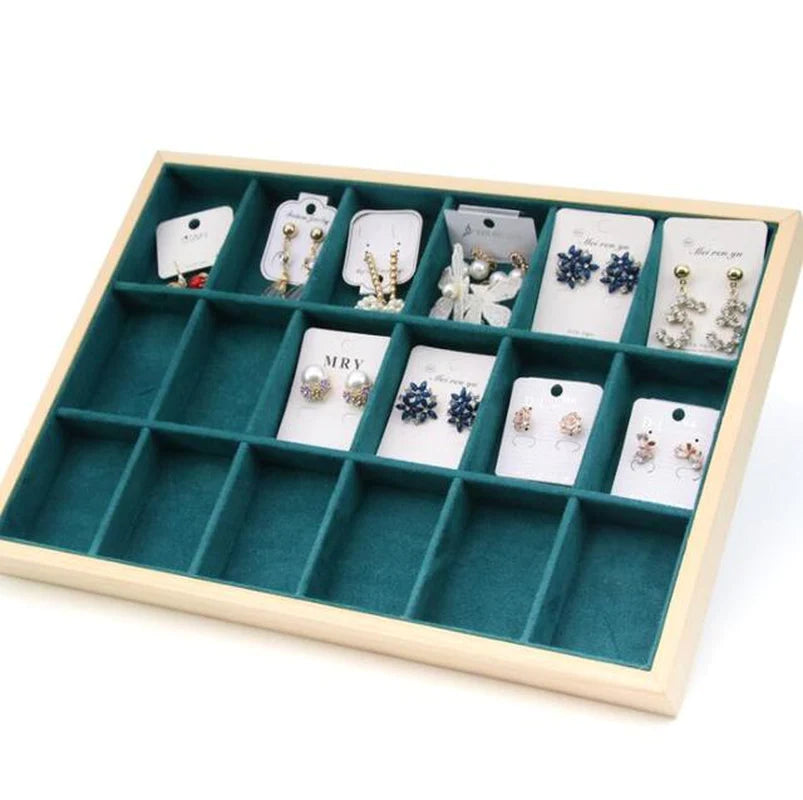 Wooden Velvet Jewelry Box - Green/Beige - Gift Box for Rings, Earrings, Bracelets
